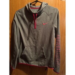 Nike Dri-FIT Hoodie Womens Medium Gray Pink Just Do It Sleeve Graphic Pullover